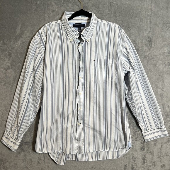 Tommy Hilfiger‎ 80s Two Ply Fabric Striped Button Shirt Long Sleeve Mens Size XL - Picture 1 of 9